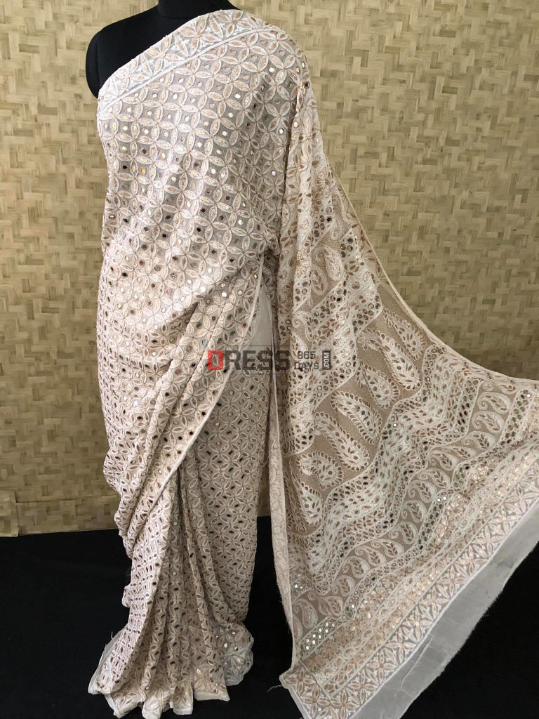 Ivory Mirror Work Chikankari Saree