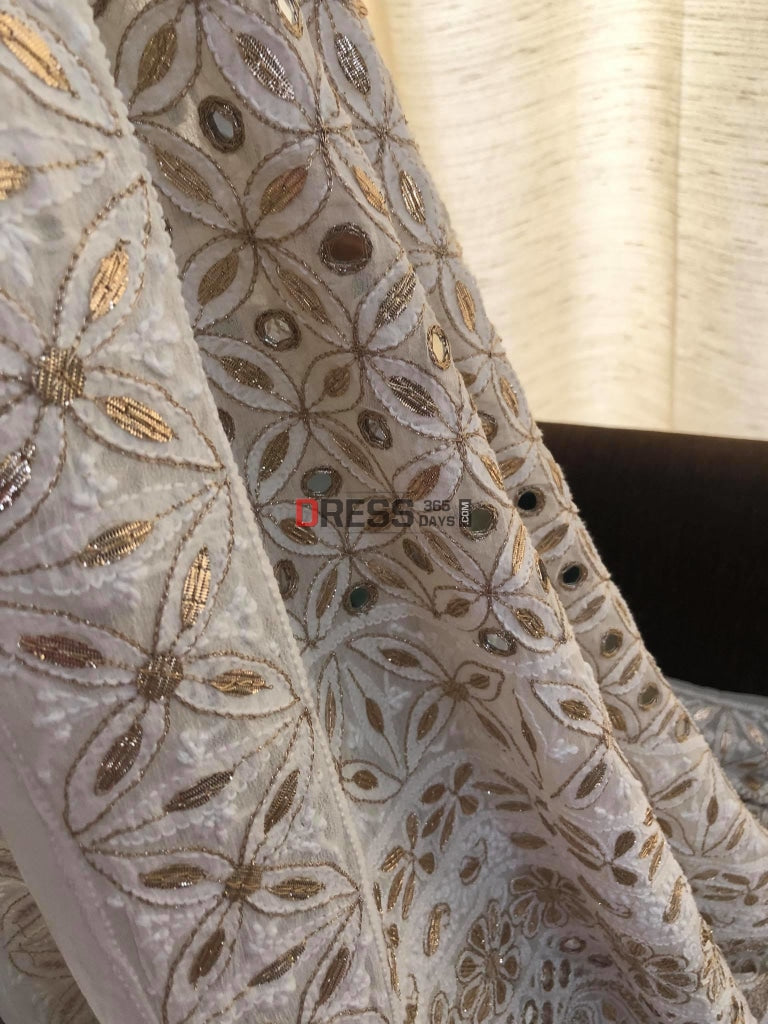 Ivory Mirror Work Chikankari Saree