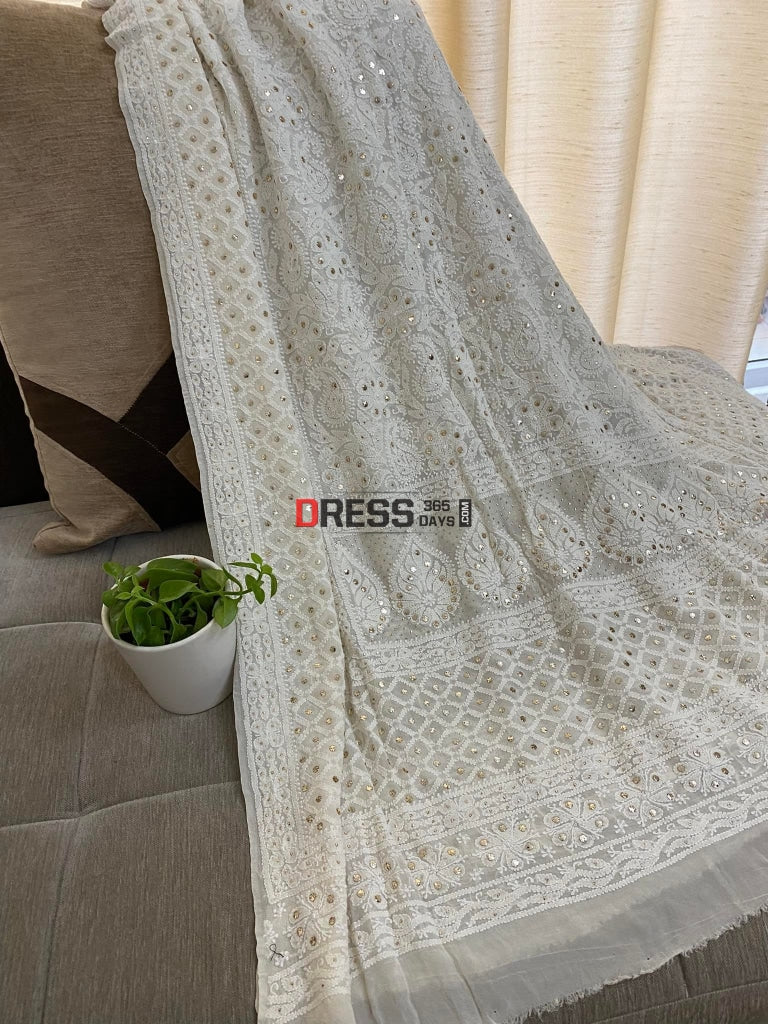 Ivory Mukaish Chikankari Dupatta
