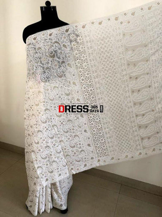 Ivory Mukaish Chikankari Saree