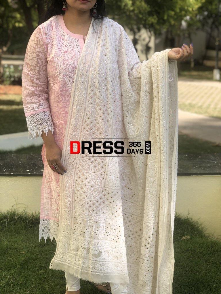 Ivory Mukaish Lucknowi Dupatta Chikankari