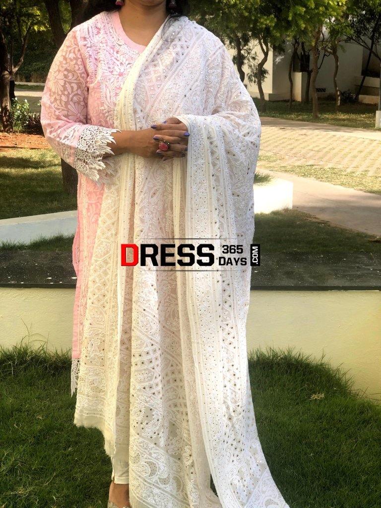 Ivory Mukaish Lucknowi Dupatta Chikankari