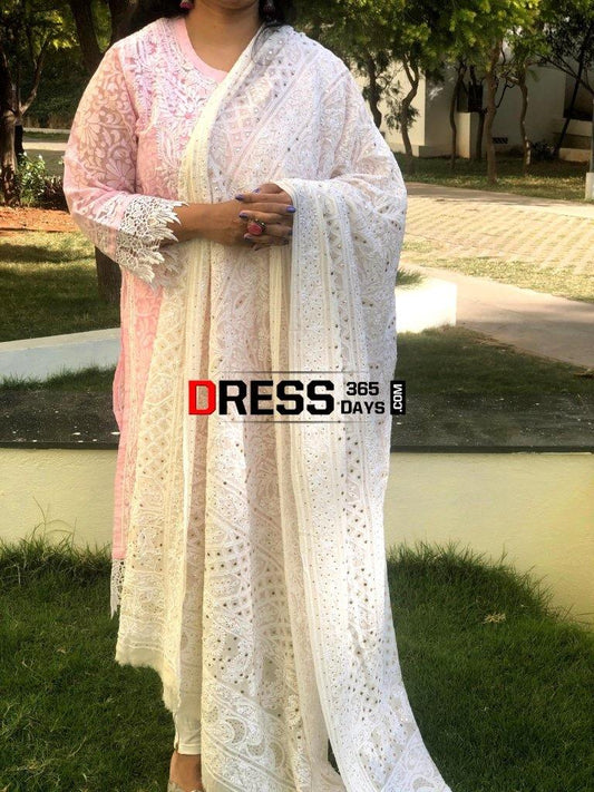Ivory Mukaish Lucknowi Dupatta Chikankari