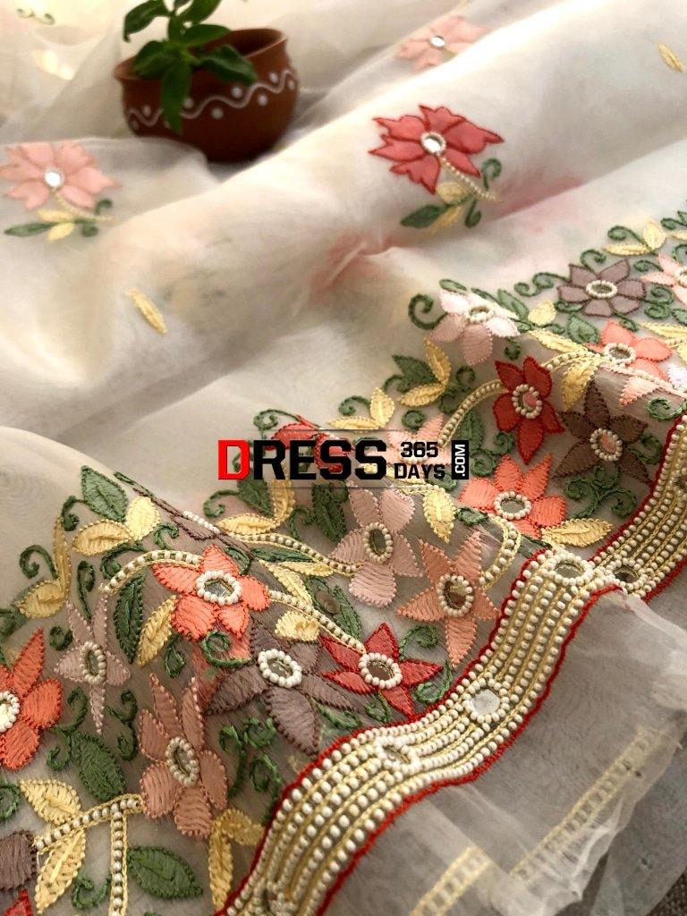 Ivory Organza Beads Chikankari Suit Suits