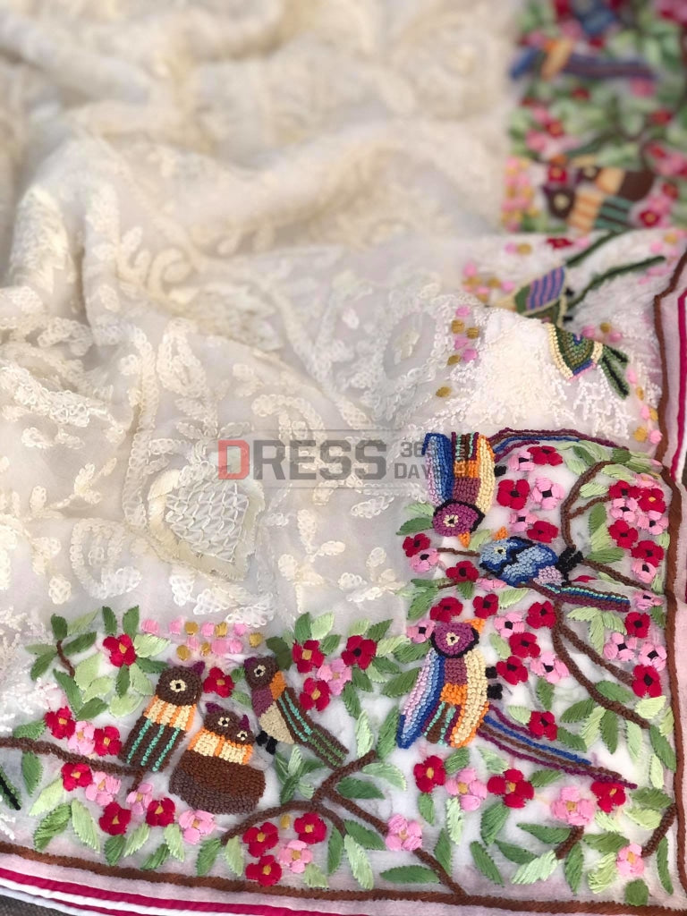 Ivory Parsi Gara & Chikankari Saree