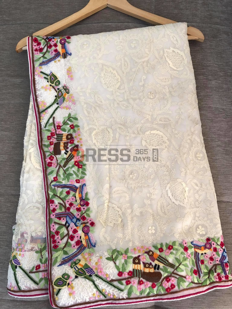 Ivory Parsi Gara & Chikankari Saree