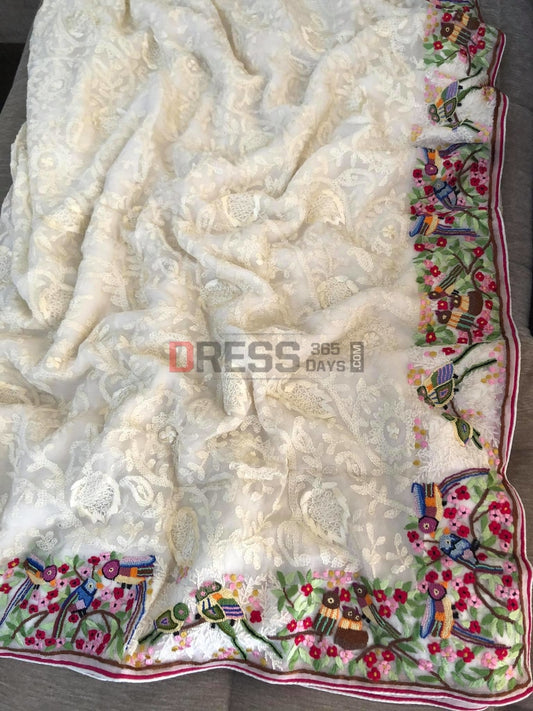 Ivory Parsi Gara & Chikankari Saree