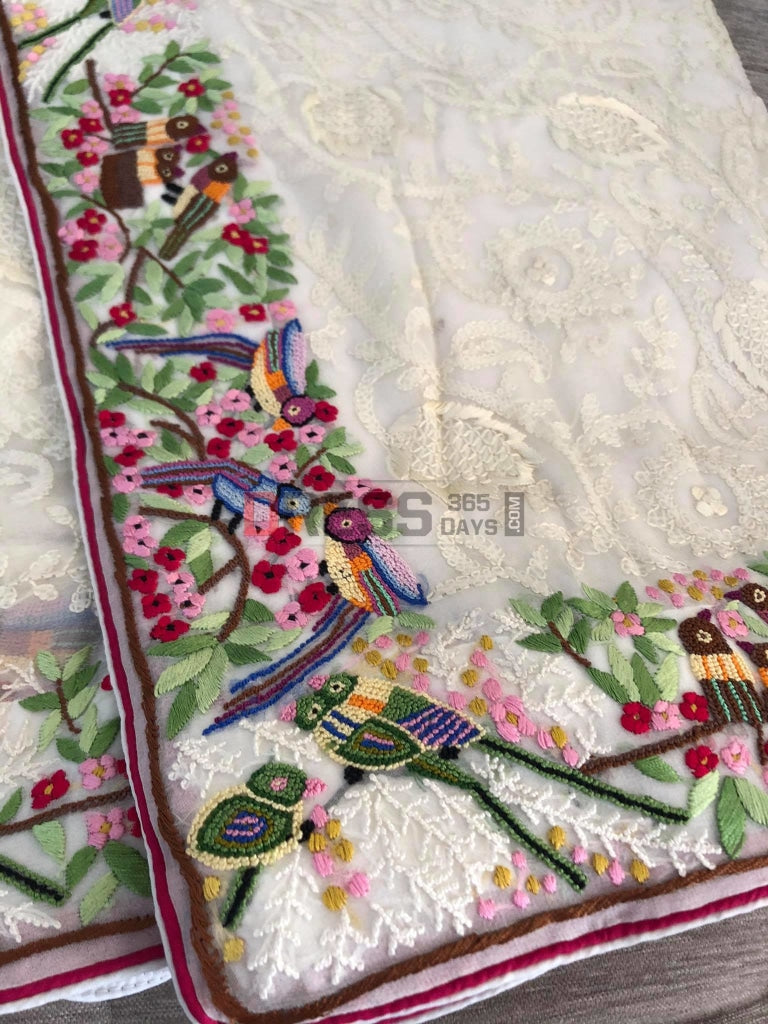 Ivory Parsi Gara & Chikankari Saree