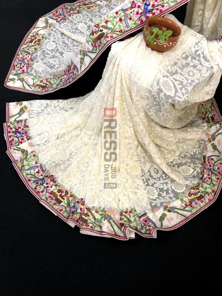 Ivory Parsi Gara & Chikankari Saree