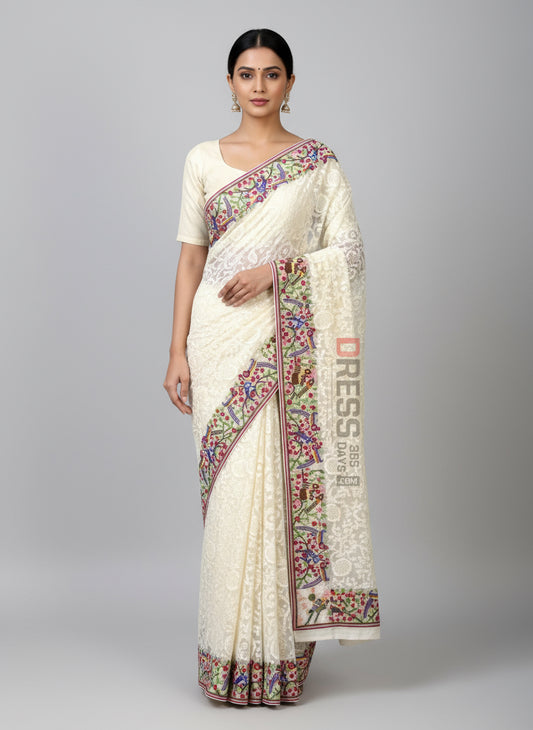 Ivory Parsi Gara & Chikankari Saree