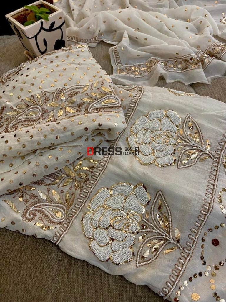 Ivory Partywear Pearl & Mukaish Anarkali Suit Chikankari