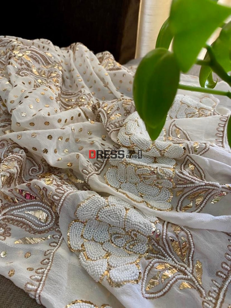 Ivory Partywear Pearl & Mukaish Anarkali Suit Chikankari