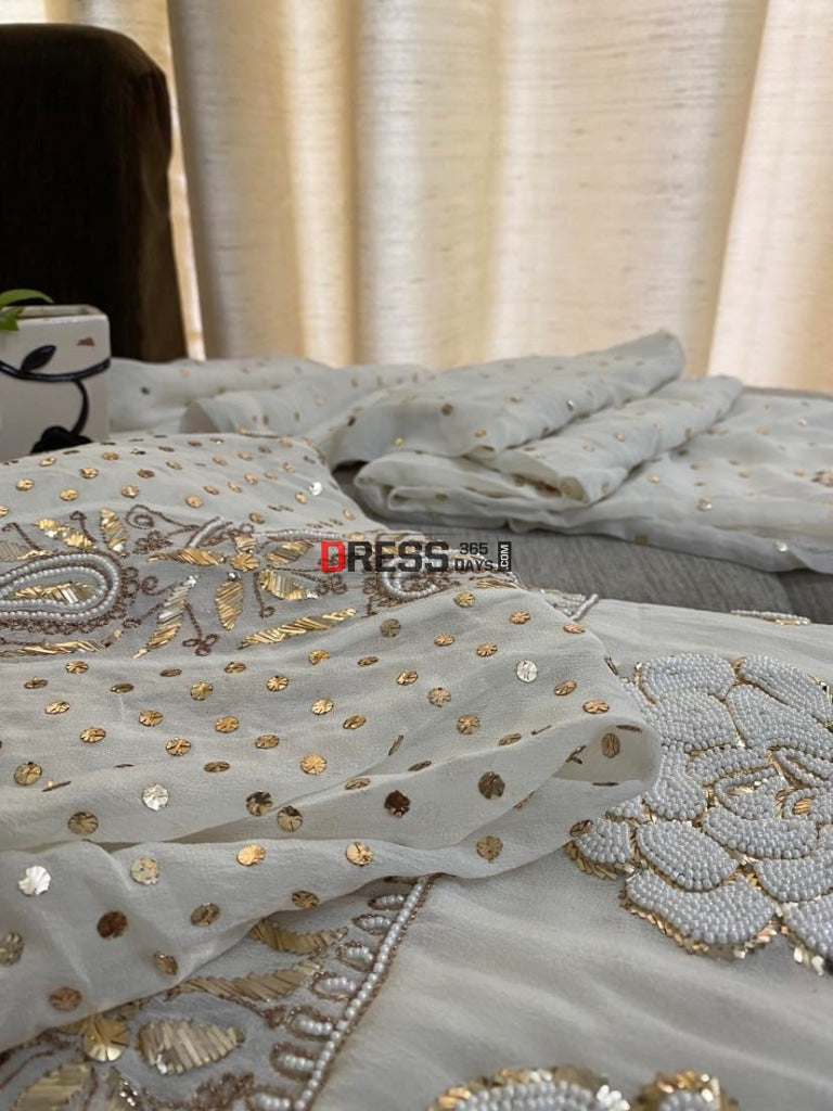 Ivory Partywear Pearl & Mukaish Anarkali Suit Chikankari