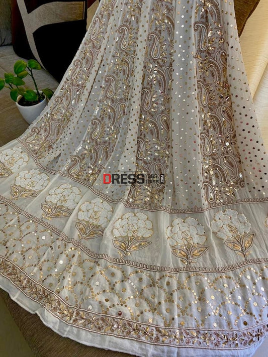 Ivory Partywear Pearl & Mukaish Anarkali Suit Chikankari