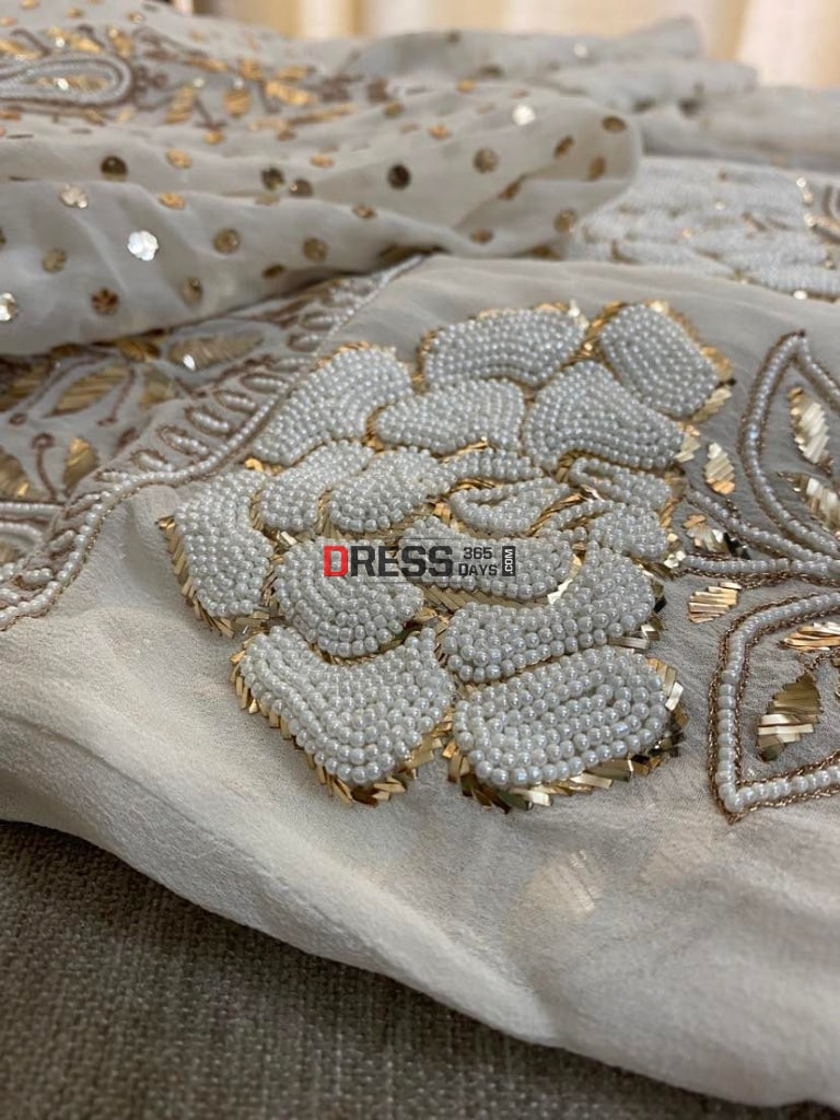 Ivory Partywear Pearl & Mukaish Anarkali Suit Chikankari