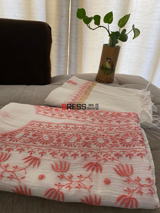 Ivory & Peach Mul Chanderi Chikankari Suit Suits