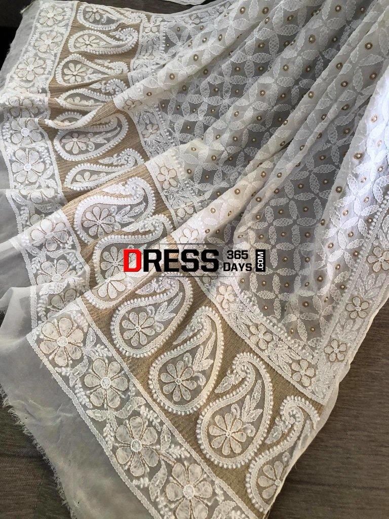 Ivory Pearl And Zari Work Dupatta Chikankari