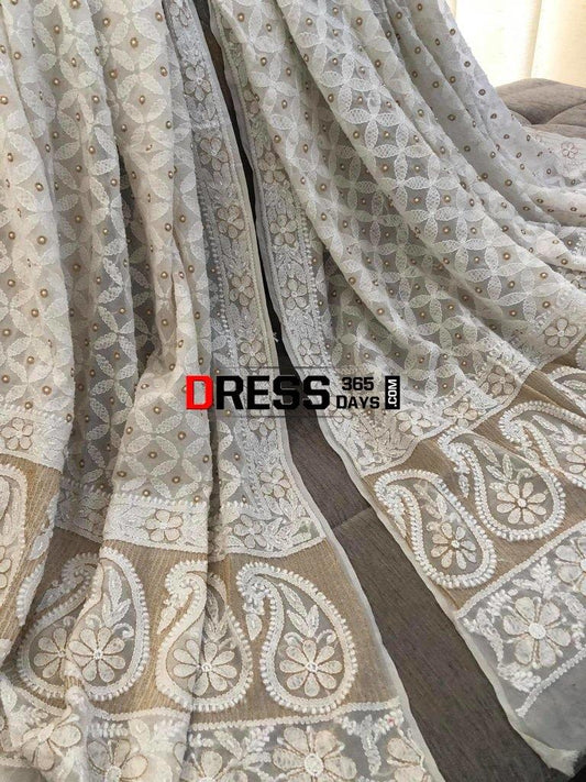 Ivory Pearl And Zari Work Dupatta Chikankari