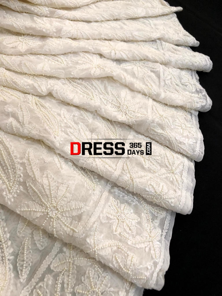 Ivory Pearl & Chikankari Hand Embroidered Saree