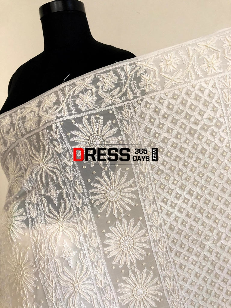 Ivory Pearl & Chikankari Hand Embroidered Saree