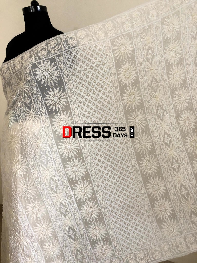 Ivory Pearl & Chikankari Hand Embroidered Saree