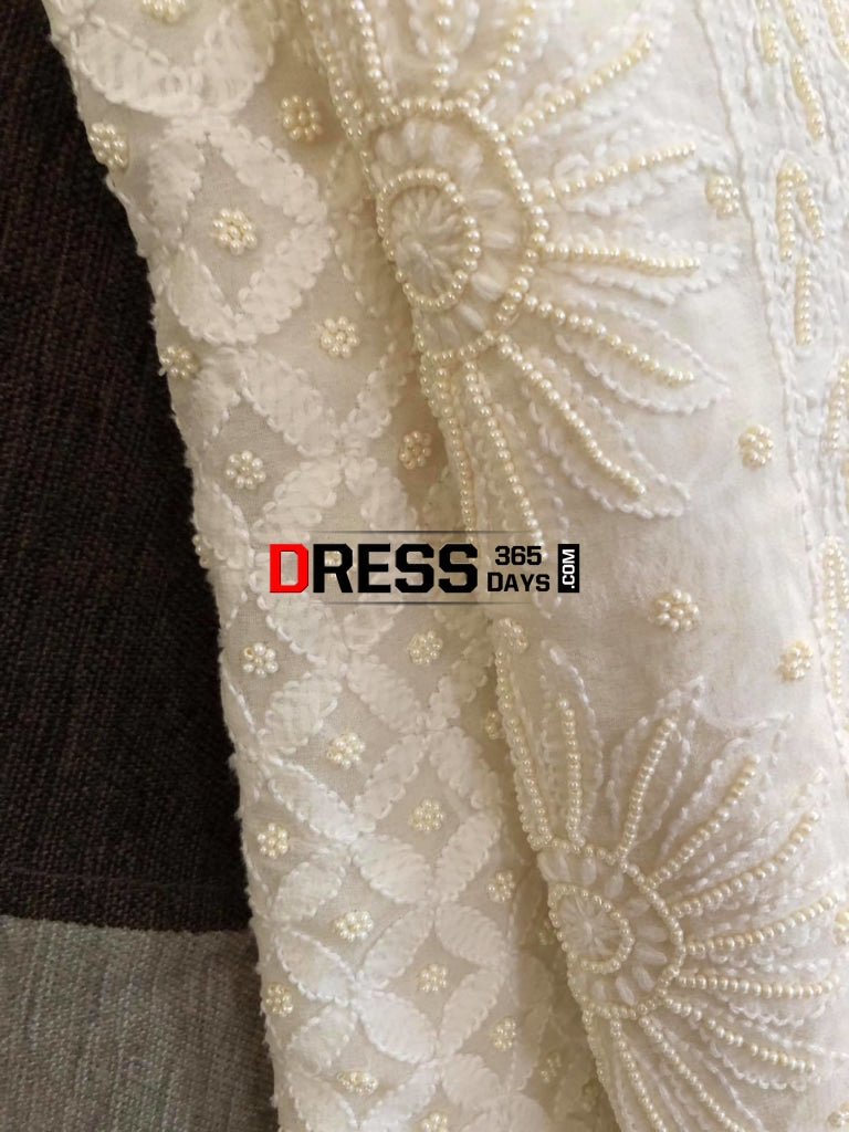 Ivory Pearl & Chikankari Hand Embroidered Saree