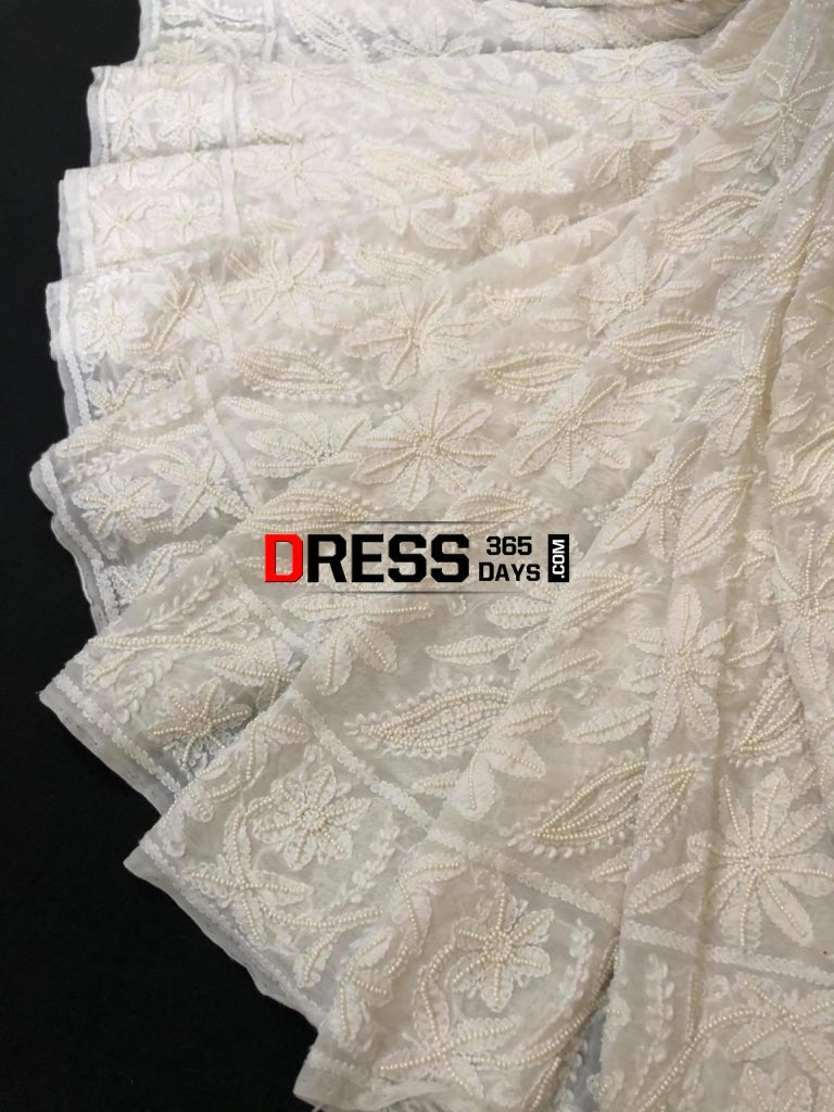 Ivory Pearl & Chikankari Hand Embroidered Saree