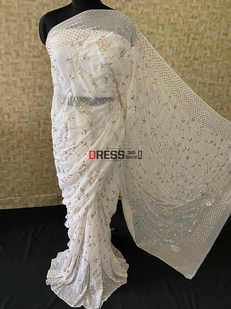 Ivory Pearl & Kamdani Saree Chikankari