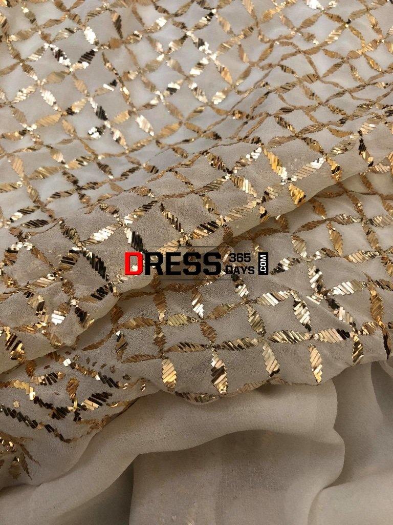Ivory Pure Georgette Golden Kamdani Suit (Three Piece) Chikankari Suits