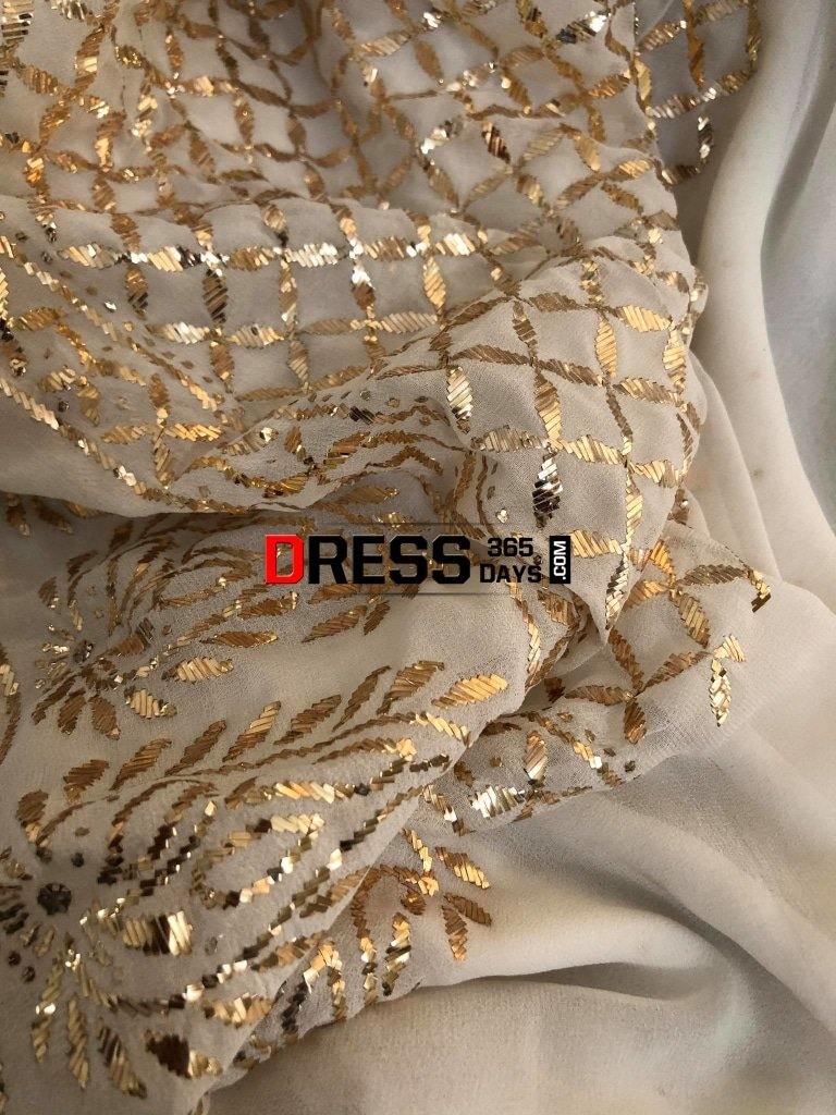 Ivory Pure Georgette Golden Kamdani Suit (Three Piece) Chikankari Suits