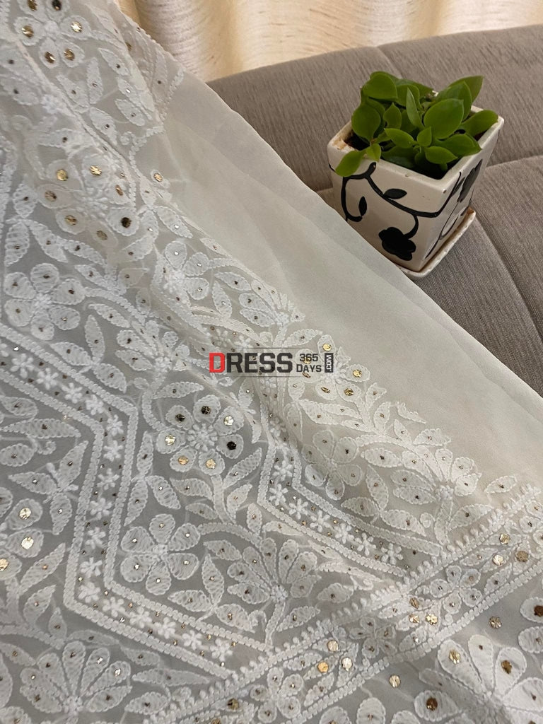 Ivory Pure Georgette Mukaish Chikankari Kurti Fabric
