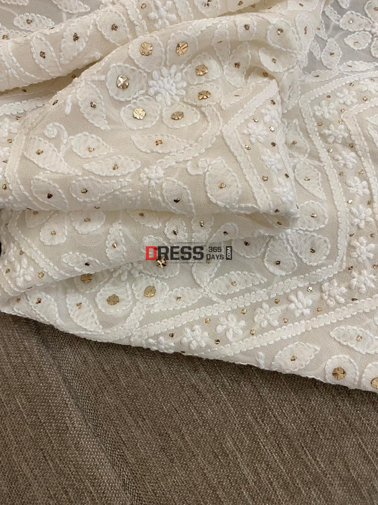 Ivory Pure Georgette Mukaish Chikankari Kurti Fabric