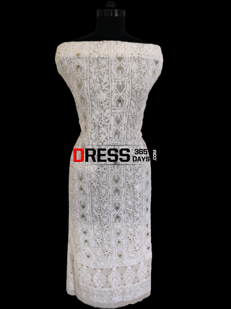 Ivory Pure Georgette Mukaish Kurti Fabric Chikankari