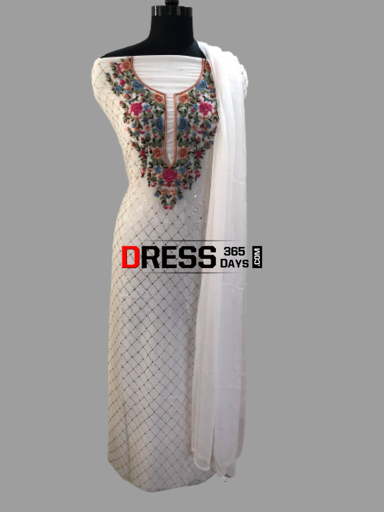 Ivory Pure Georgette Multicolour Embroidery Kamdani Suit Parsi Gara Suits