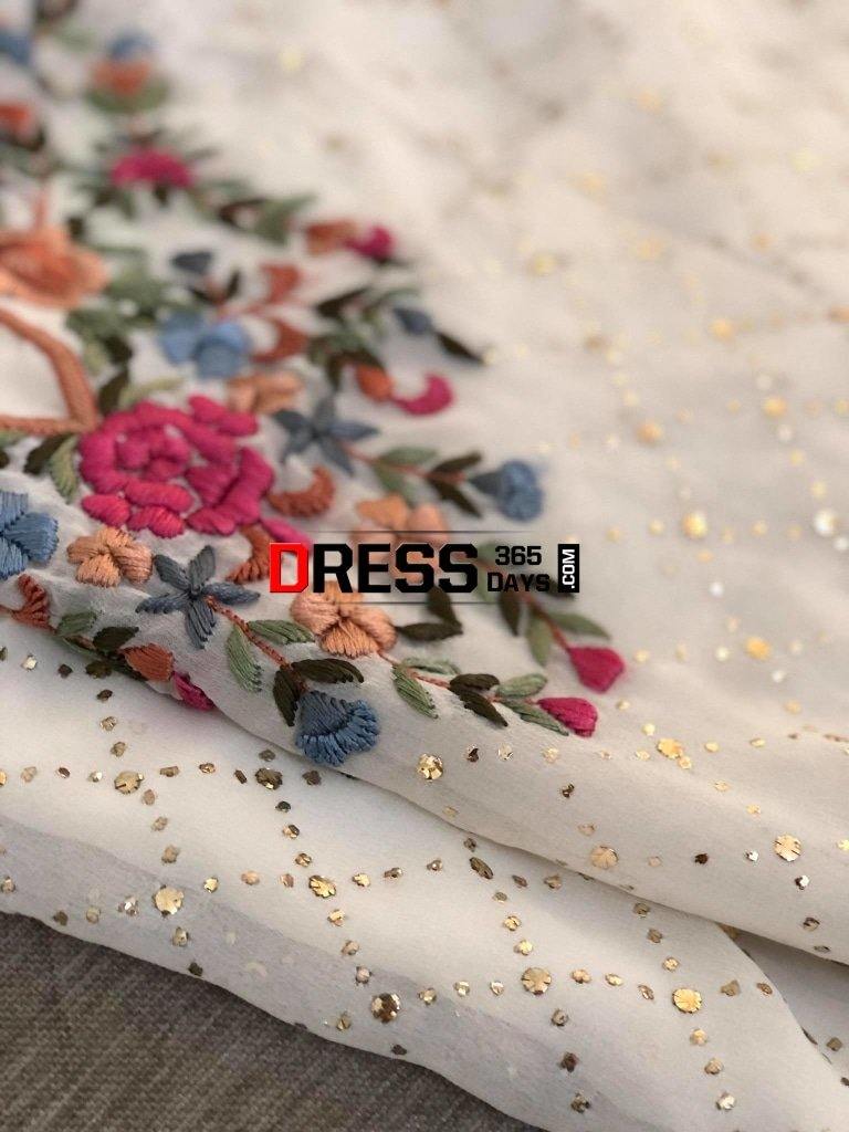 Ivory Pure Georgette Multicolour Embroidery Kamdani Suit Parsi Gara Suits