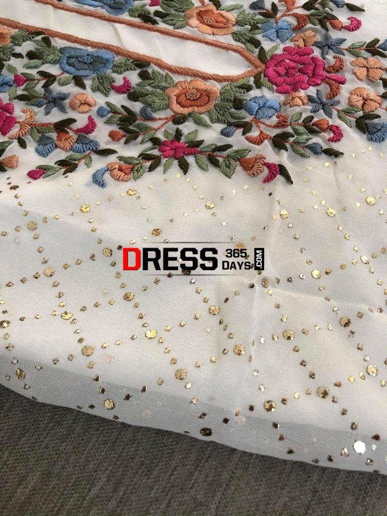 Ivory Pure Georgette Multicolour Embroidery Kamdani Suit Parsi Gara Suits