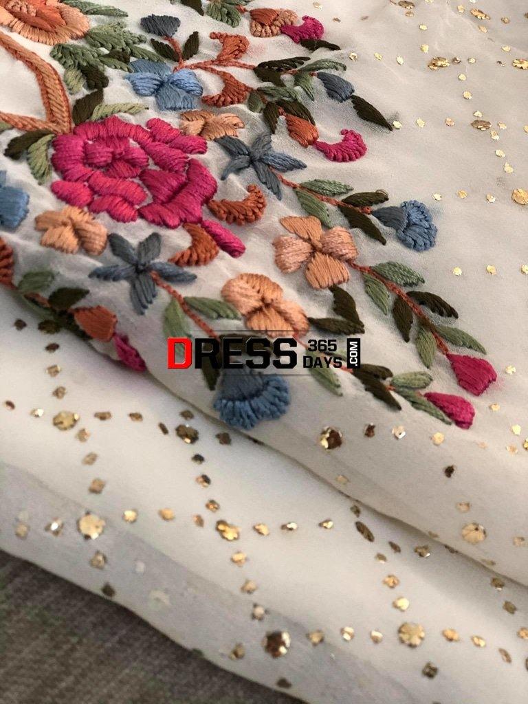 Ivory Pure Georgette Multicolour Embroidery Kamdani Suit Parsi Gara Suits