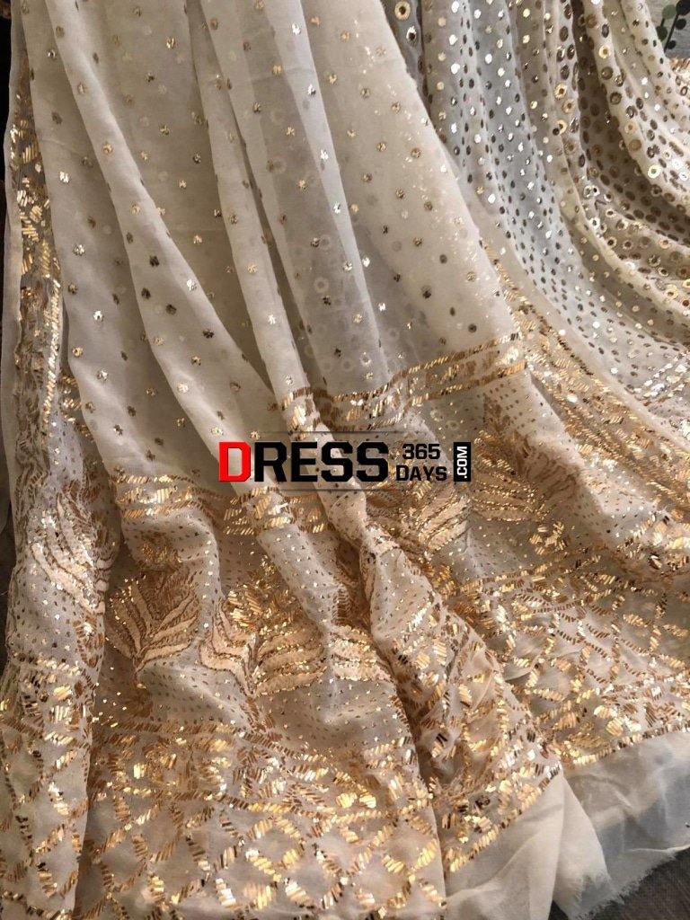 Ivory Pure Georgette Ring Mukaish Lehenga Set Chikankari