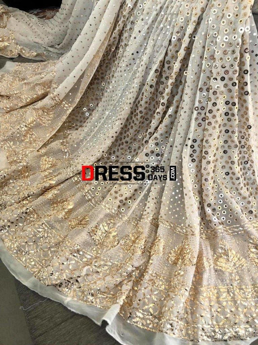 Ivory Pure Georgette Ring Mukaish Lehenga Set Chikankari