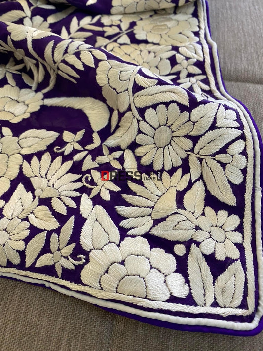 Ivory & Purple Parsi Gara Hand Embroidered Dupatta