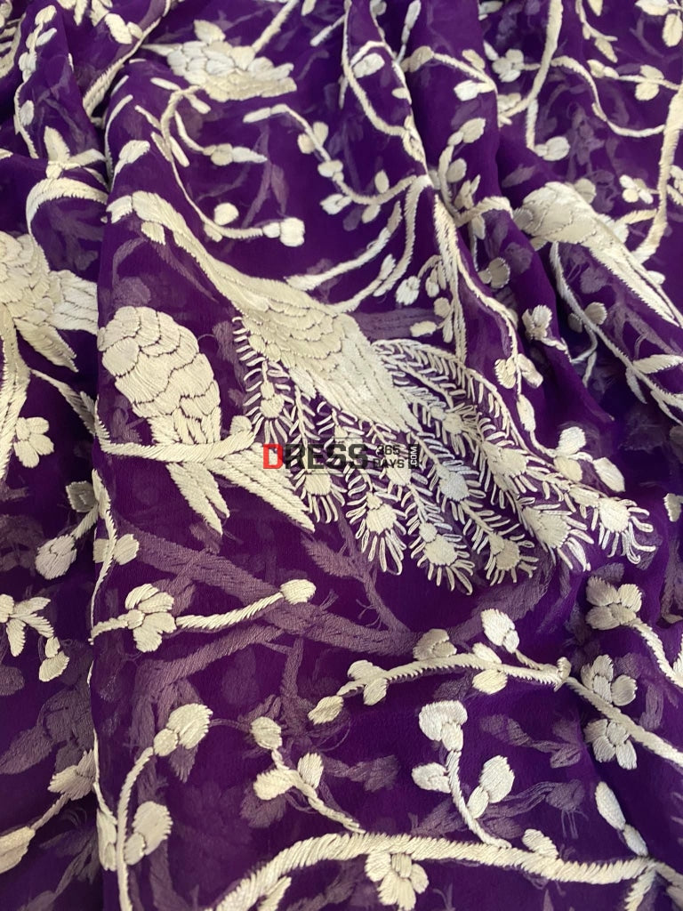 Purple & Ivory Parsi Gara Hand Embroidered Dupatta