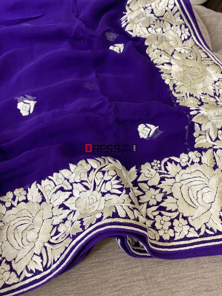 Ivory & Purple Parsi Gara Hand Embroidered Dupatta