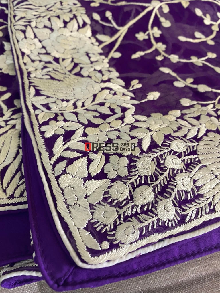 Purple & Ivory Parsi Gara Hand Embroidered Dupatta