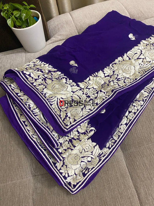 Ivory & Purple Parsi Gara Hand Embroidered Dupatta