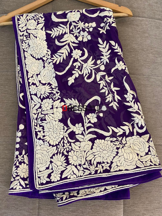 Ivory & Purple Parsi Gara Hand Embroidered Dupatta