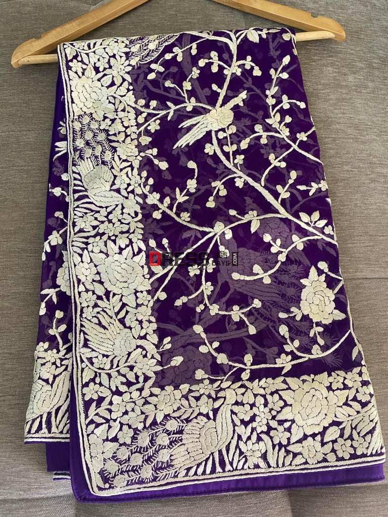 Purple & Ivory Parsi Gara Hand Embroidered Dupatta