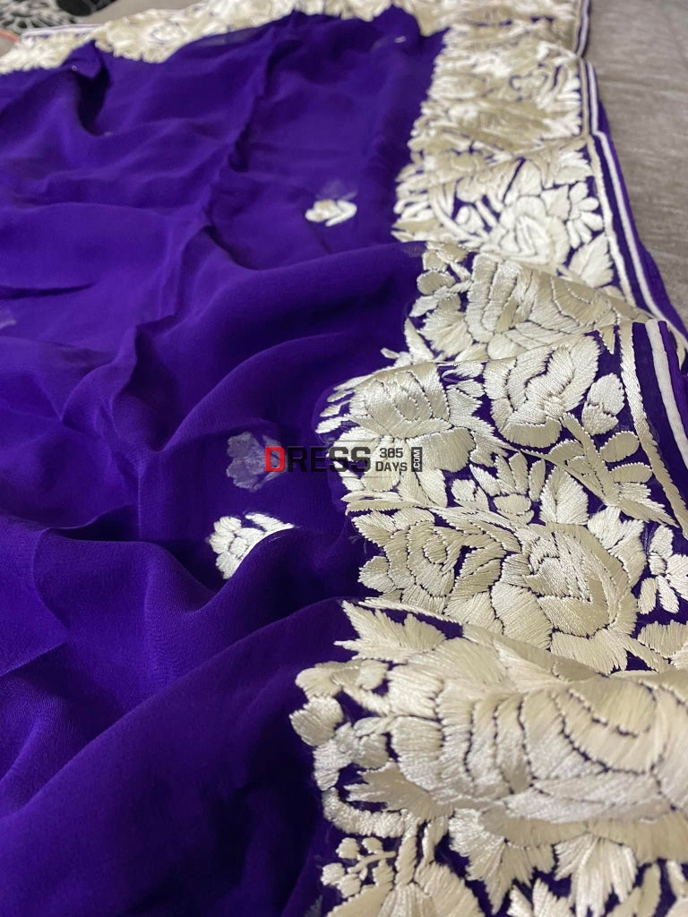 Ivory & Purple Parsi Gara Hand Embroidered Dupatta