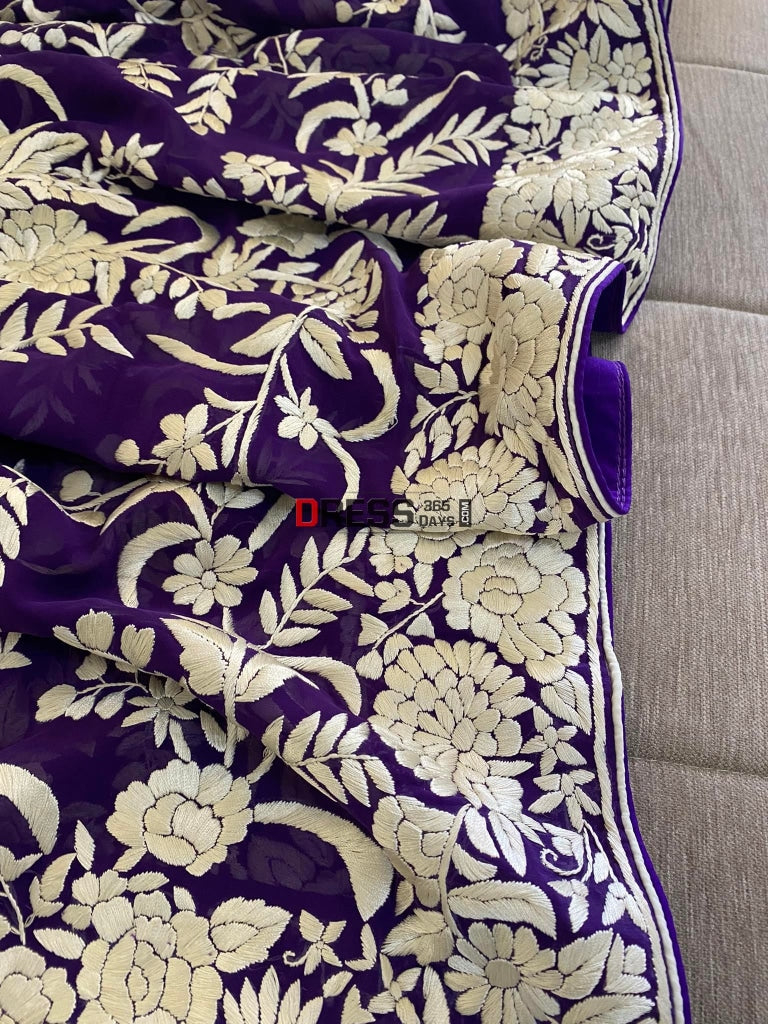 Ivory & Purple Parsi Gara Hand Embroidered Dupatta