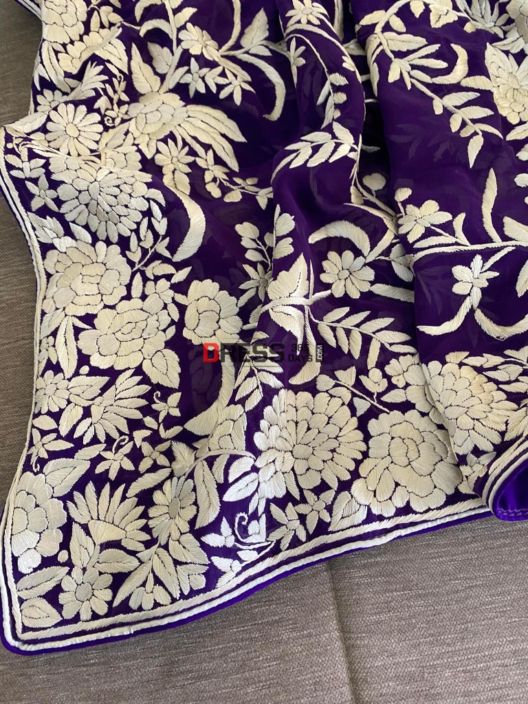 Ivory & Purple Parsi Gara Hand Embroidered Dupatta