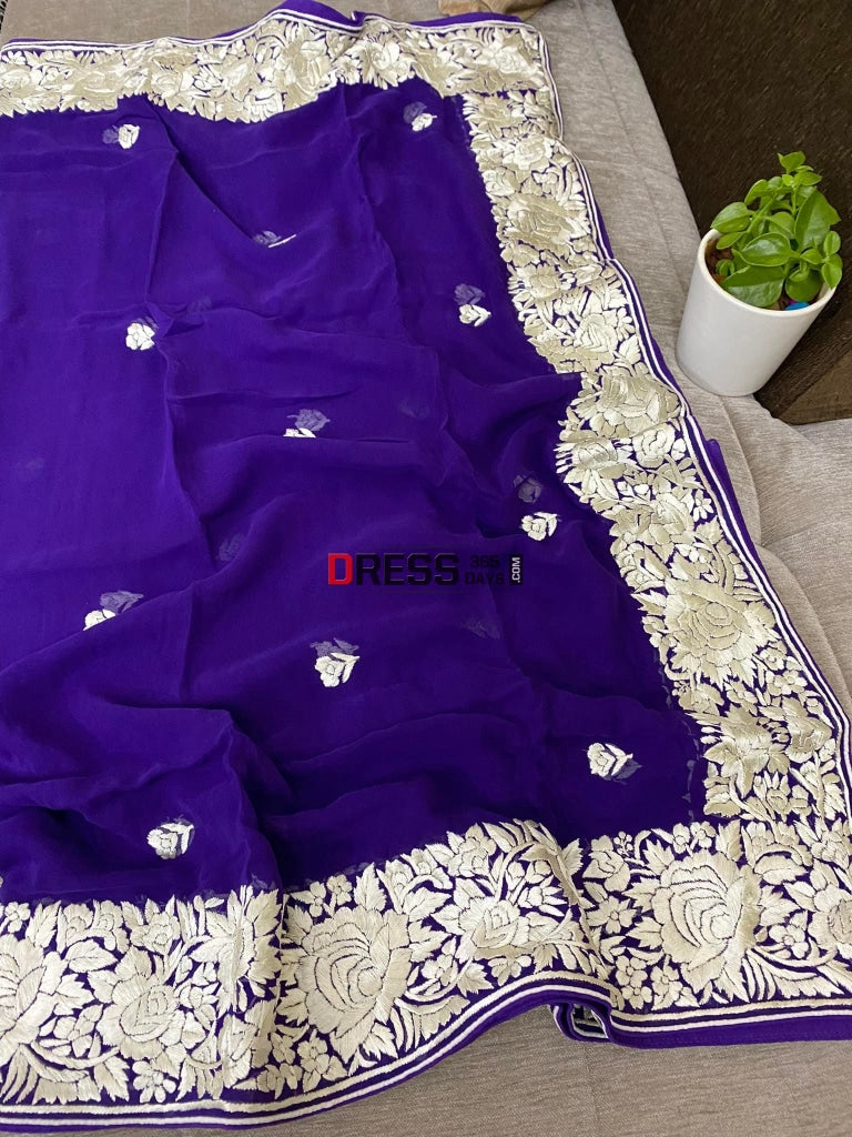 Ivory & Purple Parsi Gara Hand Embroidered Dupatta